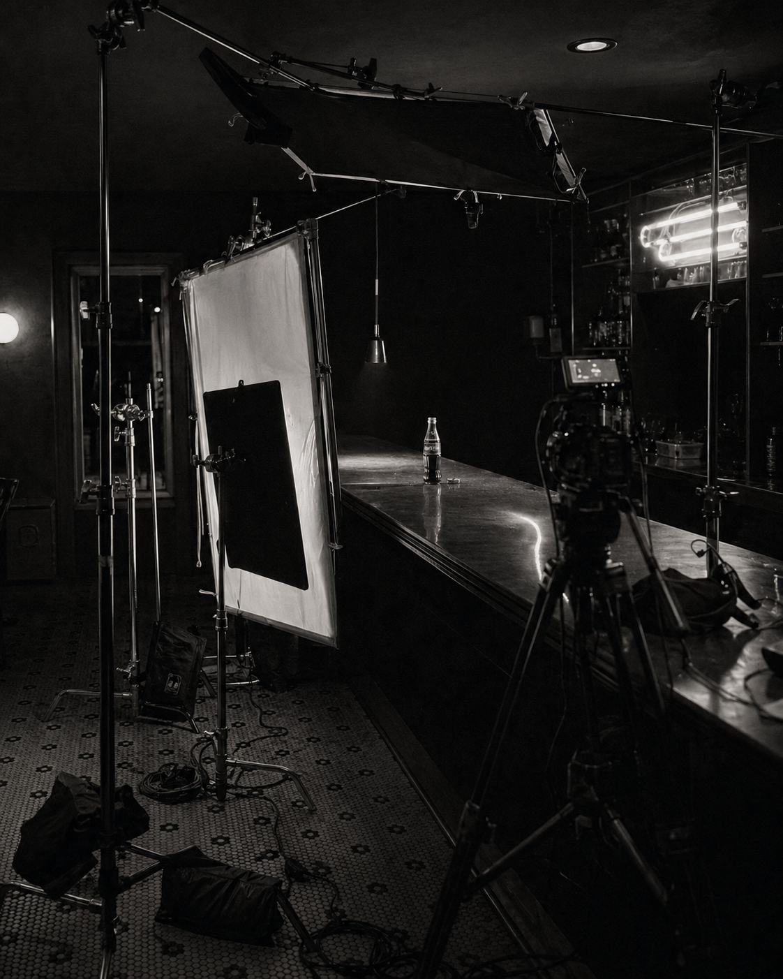 The studio set — bar, stand-mounted lights, scrim, camera tripod